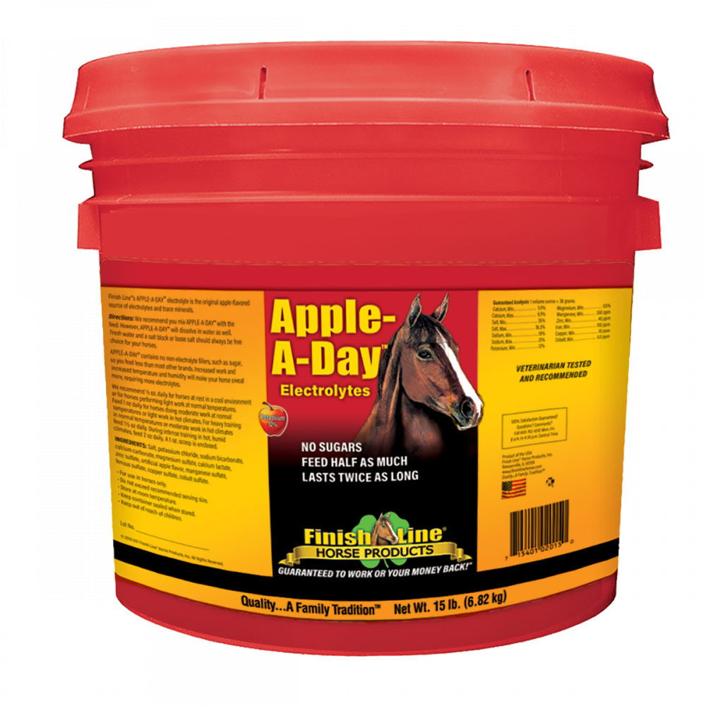 Finish Line® Electrolytes and Trace Minerals help promote healthy hydration in your horse by replacing electrolytes lost during daily activity.  This electrolyte/mineral replacement replenishes electrolytes. Apple-A-Day™ was the original apple flavored, no sugar electrolyte! It is a cost-effective product that contains no fillers, no sugars and no artificial colors!