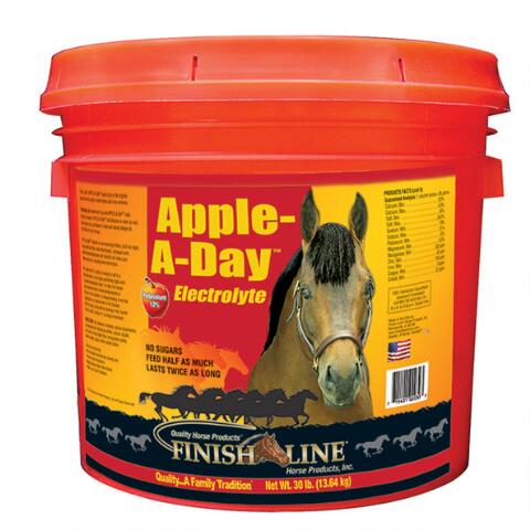 Finish Line® Electrolytes and Trace Minerals help promote healthy hydration in your horse by replacing electrolytes lost during daily activity.  This electrolyte/mineral replacement replenishes electrolytes. Apple-A-Day™ was the original apple flavored, no sugar electrolyte! It is a cost-effective product that contains no fillers, no sugars and no artificial colors!