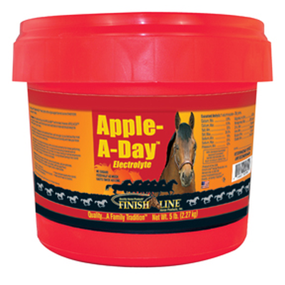 Finish Line® Electrolytes and Trace Minerals help promote healthy hydration in your horse by replacing electrolytes lost during daily activity.  This electrolyte/mineral replacement replenishes electrolytes. Apple-A-Day™ was the original apple flavored, no sugar electrolyte! It is a cost-effective product that contains no fillers, no sugars and no artificial colors!