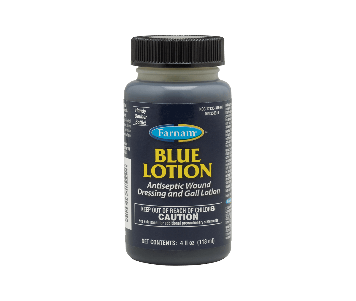 Blue Lotion is a quick-drying, deep-penetrating antiseptic wound dressing and gall lotion. Effective against bacterial infection most common in skin lesions of horses and dogs. Use as an aid in the treatment of surface wounds, minor cuts, skin abrasions, harness galls and saddle sores.