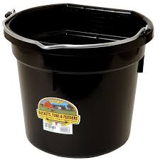 Virtually indestructible bucket, ideal for feeding, watering, and many other stable and barn chores. Molded of polyethylene resin with superior warp, impact and crack resistance. Flat back design can be hung in the stall or on fence. Heavy-duty wire handle for hanging.