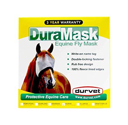Durvet DuraMask Equine Fly Mask A durable horse fly mask that has excellent quality at an incredible value. Features: Comfortable fit with fleece edges Decreased attraction of debris and fleece trim Superior eye dart stitching for enhanced safety Extra reinforcement for durability Double locking fastener hidden under the jaw
