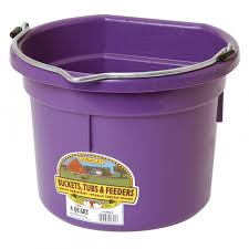 Virtually indestructible bucket, ideal for feeding, watering, and many other stable and barn chores. Molded of polyethylene resin with superior warp, impact and crack resistance. Flat back design can be hung in the stall or on fence. Heavy-duty wire handle for hanging.