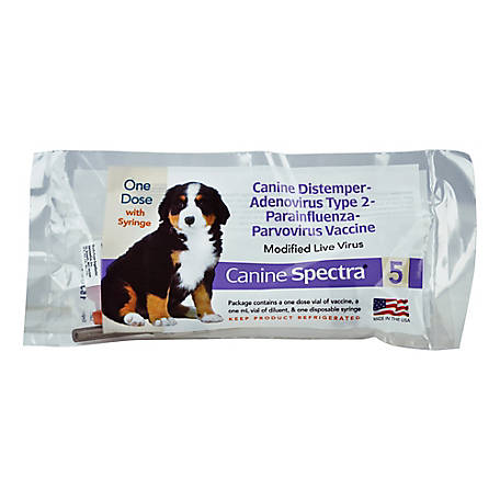 Canine Spectra 5 is a combination of immunogenic, attenuated strains of Canine Distemper, Canine Adenovirus Type 2 (CAV-2), Canine Parainfluenza, and Canine Parvovirus Type 2b, propagated in cell line tissue cultures.