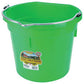 Virtually indestructible bucket, ideal for feeding, watering, and many other stable and barn chores. Molded of polyethylene resin with superior warp, impact and crack resistance. Flat back design can be hung in the stall or on fence. Heavy-duty wire handle for hanging.