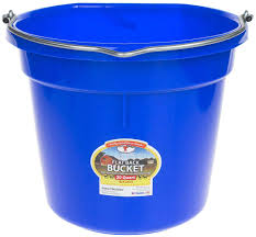 Virtually indestructible bucket, ideal for feeding, watering, and many other stable and barn chores. Molded of polyethylene resin with superior warp, impact and crack resistance. Flat back design can be hung in the stall or on fence. Heavy-duty wire handle for hanging.