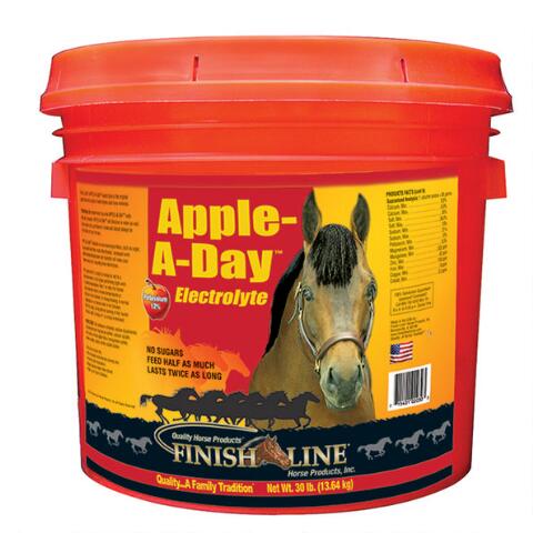 Finish Line® Electrolytes and Trace Minerals help promote healthy hydration in your horse by replacing electrolytes lost during daily activity.  This electrolyte/mineral replacement replenishes electrolytes. Apple-A-Day™ was the original apple flavored, no sugar electrolyte! It is a cost-effective product that contains no fillers, no sugars and no artificial colors! 