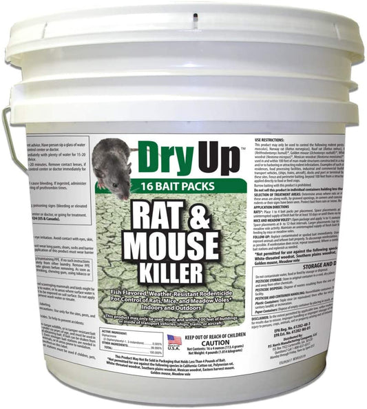 Dry Up, by Harris, is a mouse and rat killer that uses the anticoagulant Diphacinone to kill mice and rats. This bucket includes 16 4oz bait bags that can be spread out in many different areas to effectively combat a serious infestation. 