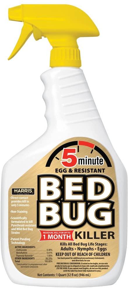 Harris 5 Minute Bed Bug Killer kills bed bugs in just 5 minutes after contact. Patent pending technology with long residual kill. This bed bug spray is EPA registered and is a Harris exclusive on the retail market. 