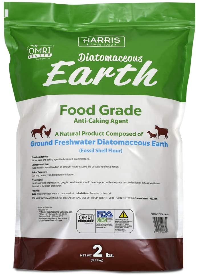 Harris Diatomaceous Earth Food Grade 2 lb powder is listed with the Organic Research Minerals Institute and is composed of ground freshwater diatomaceous earth. The bag includes a complementary powder duster for easy application. The powder is NOT approved by the EPA as an insect killer for roaches, bed bugs, ants, fleas, silverfish, scorpions or any other insect. 