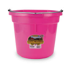 Virtually indestructible bucket, ideal for feeding, watering, and many other stable and barn chores. Molded of polyethylene resin with superior warp, impact and crack resistance. Flat back design can be hung in the stall or on fence. Heavy-duty wire handle for hanging.