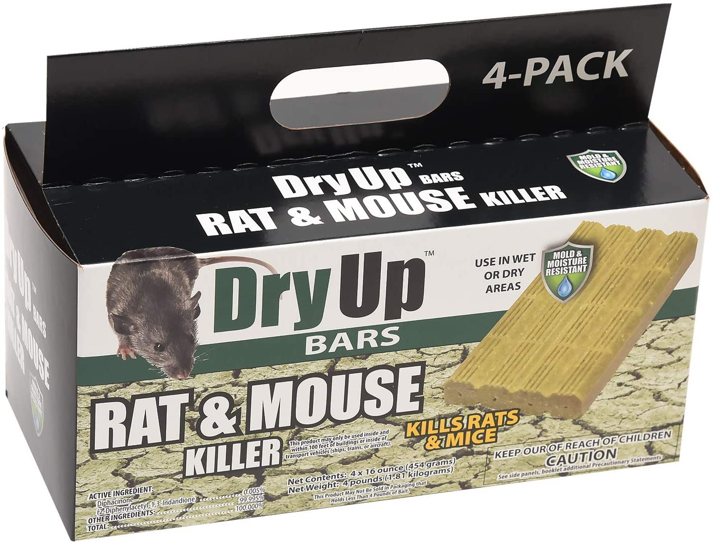 Dry Up, by Harris, is a mouse and rat killer that uses the anticoagulant Diphacinone to kill mice and rats. Each pack includes 4 bars that are each 16oz (1lb) in weight. The bars can be used year round in wet or dry areas, are mold and moisture resistant, and contain an irresistible bait to lure hungry mice and rats.