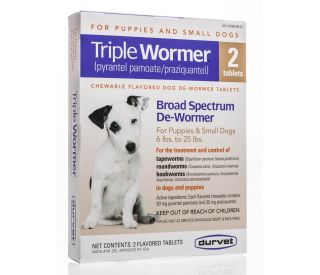 Durvet Triple Wormer broad-spectrum dog dewormer for the treatment and control of roundworms, hookworms and tapeworms in healthy puppies and adult dogs 12 weeks or older. Convenient, chewable flavored tablets.