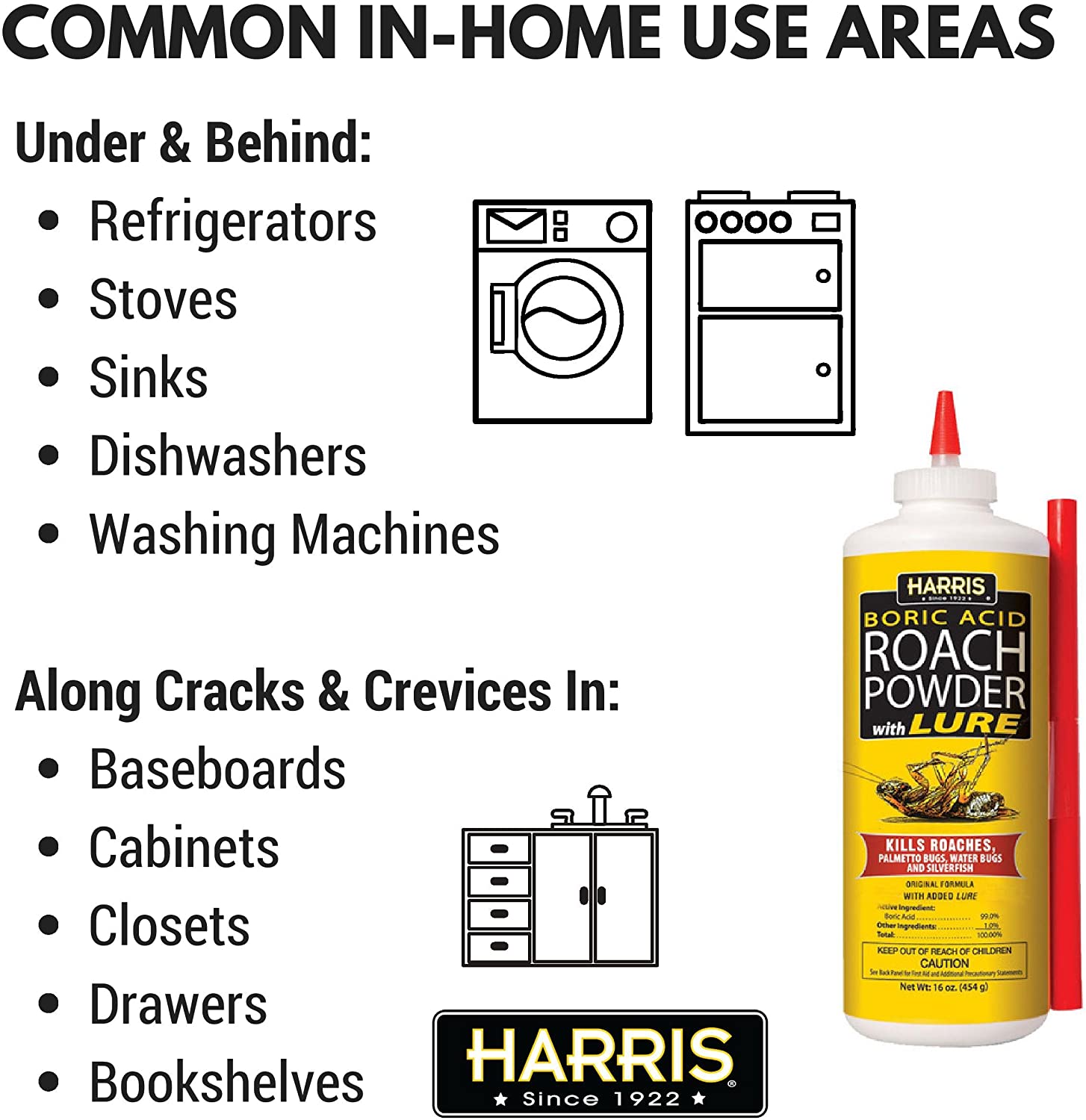 Harris Boric Acid Roach Power with lure kills Roaches, Palmetto Bugs, Waterbugs and Silverfish. Puffer bottle with included straw reaches into cracks and crevices where insects hide. Continues to kill roaches, palmetto bugs, water bugs and silverfish for weeks after application as long as it's kept dry. Insects coming into contact with the powder will die within 72 hours after initial contact.