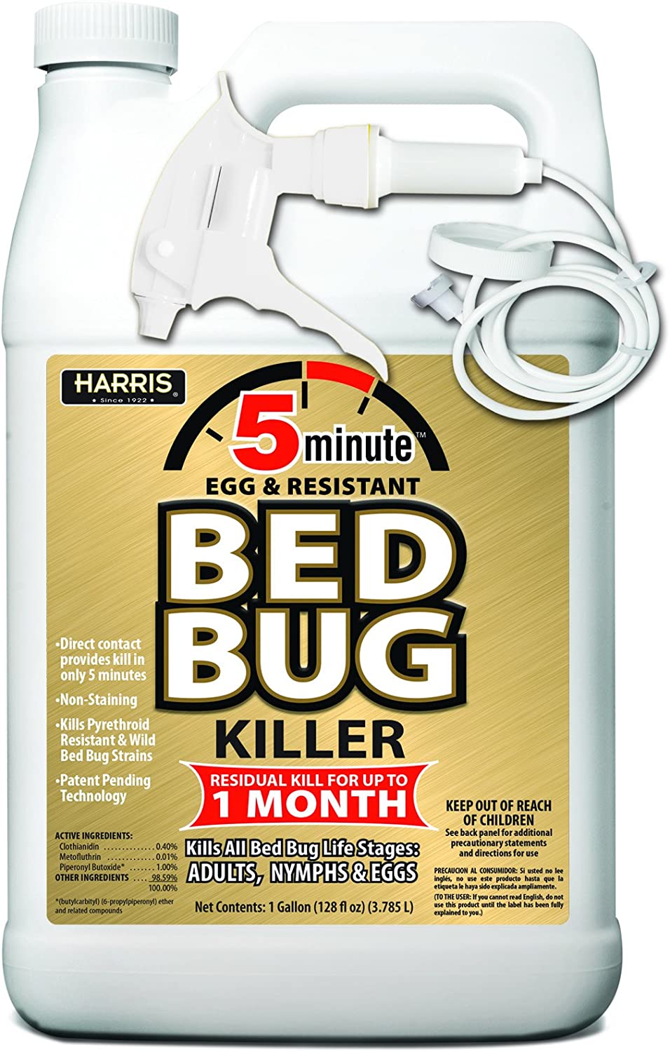 Harris 5 Minute Bed Bug Killer kills bed bugs in just 5 minutes after contact. Patent pending technology with long residual kill. This bed bug spray is EPA registered and is a Harris exclusive on the retail market.