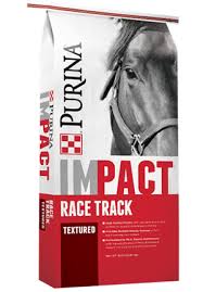 Purina Impact Horse 14% RACE TRACK is a sweet grain mix for race horses, with 14% protein. To be fed with medium to high quality hay or pasture. 