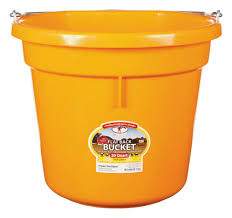 Virtually indestructible bucket, ideal for feeding, watering, and many other stable and barn chores. Molded of polyethylene resin with superior warp, impact and crack resistance. Flat back design can be hung in the stall or on fence. Heavy-duty wire handle for hanging.