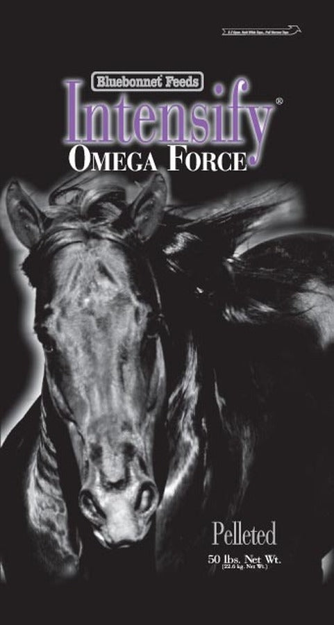 Intensify Omega Force is a nutrient dense feed formulated for horses in training.  This product contains high quality protein and high levels of “Cool Energy” calories along with flaxseed and fish oil for increased Omega 3 fatty acids.