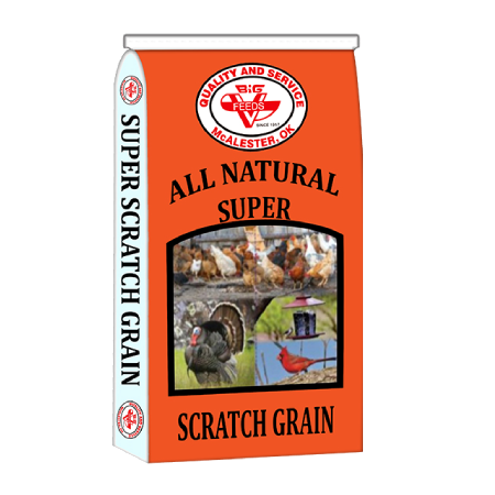 An all natural wholesome blend of 8 quality grains designed to provide a safe and healthy choice for the home flock.  Big V All Natural Super Scratch Grain is an excellent source of supplemental grains that can be fed to chickens, ducks, geese, turkeys and wild birds.