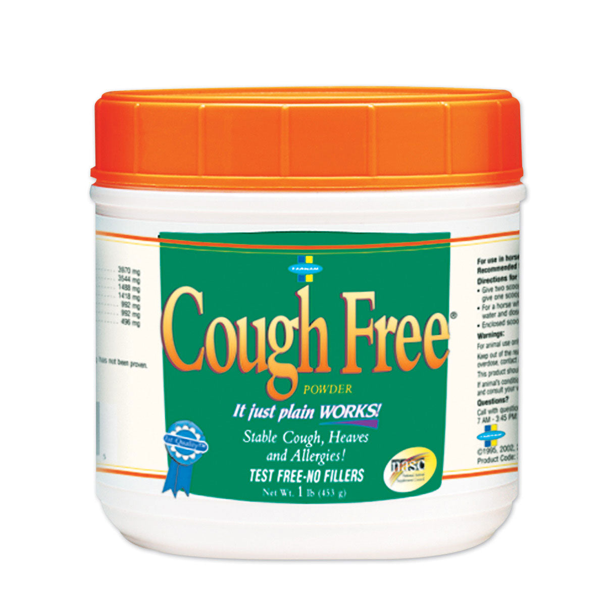 Farnam® Cough Free® When a cough gets in the way of your horse's health, turn to Cough Free® Powder.This unique formula of herbs and minerals helps fight off stable cough. It also treats symptoms of heaves, s easonal allergies, congestion, and occasional cough due to environmental stress.