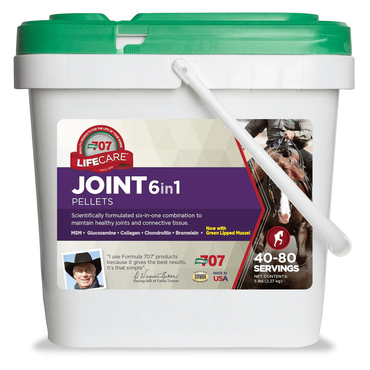 Formula 707 Joint 6-in-1 pellets contain Green Lipped Mussel, which supports a healthy inflammatory response and aids in the reduction of joint discomfort.  Taken together, Collagen, Glucosamine, Chondroitin, MSM, Bromelain and Green Lipped Mussel offer unsurpassed care for your horse’s cartilage, tendons, ligaments and joints.
