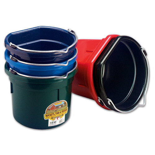 Virtually indestructible bucket, ideal for feeding, watering, and many other stable and barn chores. Molded of polyethylene resin with superior warp, impact and crack resistance. Flat back design can be hung in the stall or on fence. Heavy-duty wire handle for hanging.