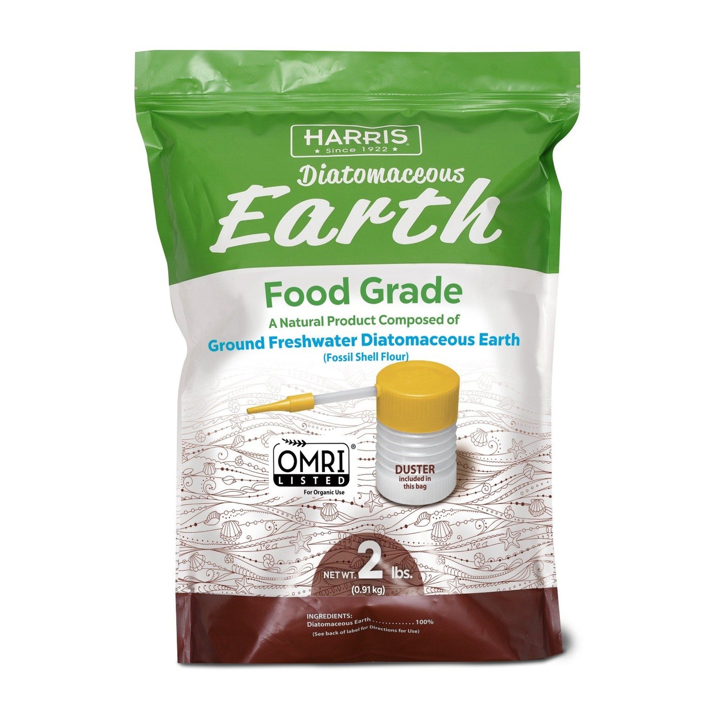 Harris Diatomaceous Earth Food Grade 2 lb powder is listed with the Organic Research Minerals Institute and is composed of ground freshwater diatomaceous earth. The bag includes a complementary powder duster for easy application. The powder is NOT approved by the EPA as an insect killer for roaches, bed bugs, ants, fleas, silverfish, scorpions or any other insect. 