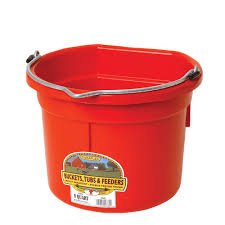 Virtually indestructible bucket, ideal for feeding, watering, and many other stable and barn chores. Molded of polyethylene resin with superior warp, impact and crack resistance. Flat back design can be hung in the stall or on fence. Heavy-duty wire handle for hanging.